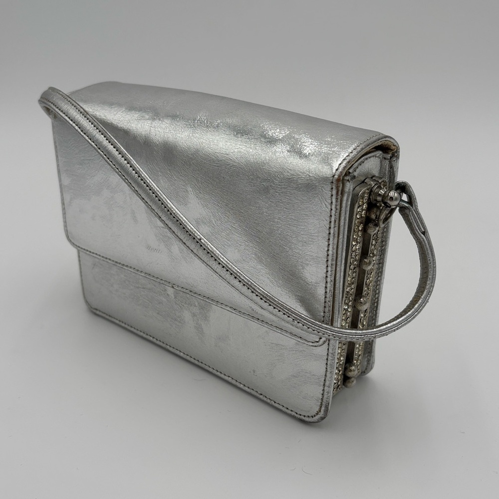 Vintage Magda Makkay Silver Clutch w/ Rhinestones, Mirror & Coin Purse